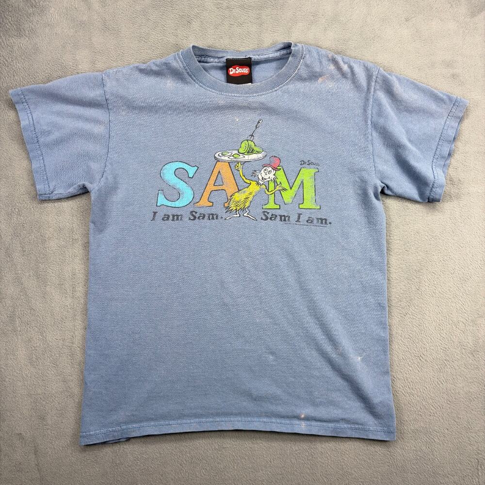 Vintage Dr. Seuss "Sam I Am" Graphic Tee Adult Size Small Blue Distressed Y2K